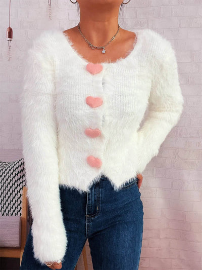 Trendsi Cozy Knit Sweater white fuzzy cardigan with pink heart buttons v neck cropped style