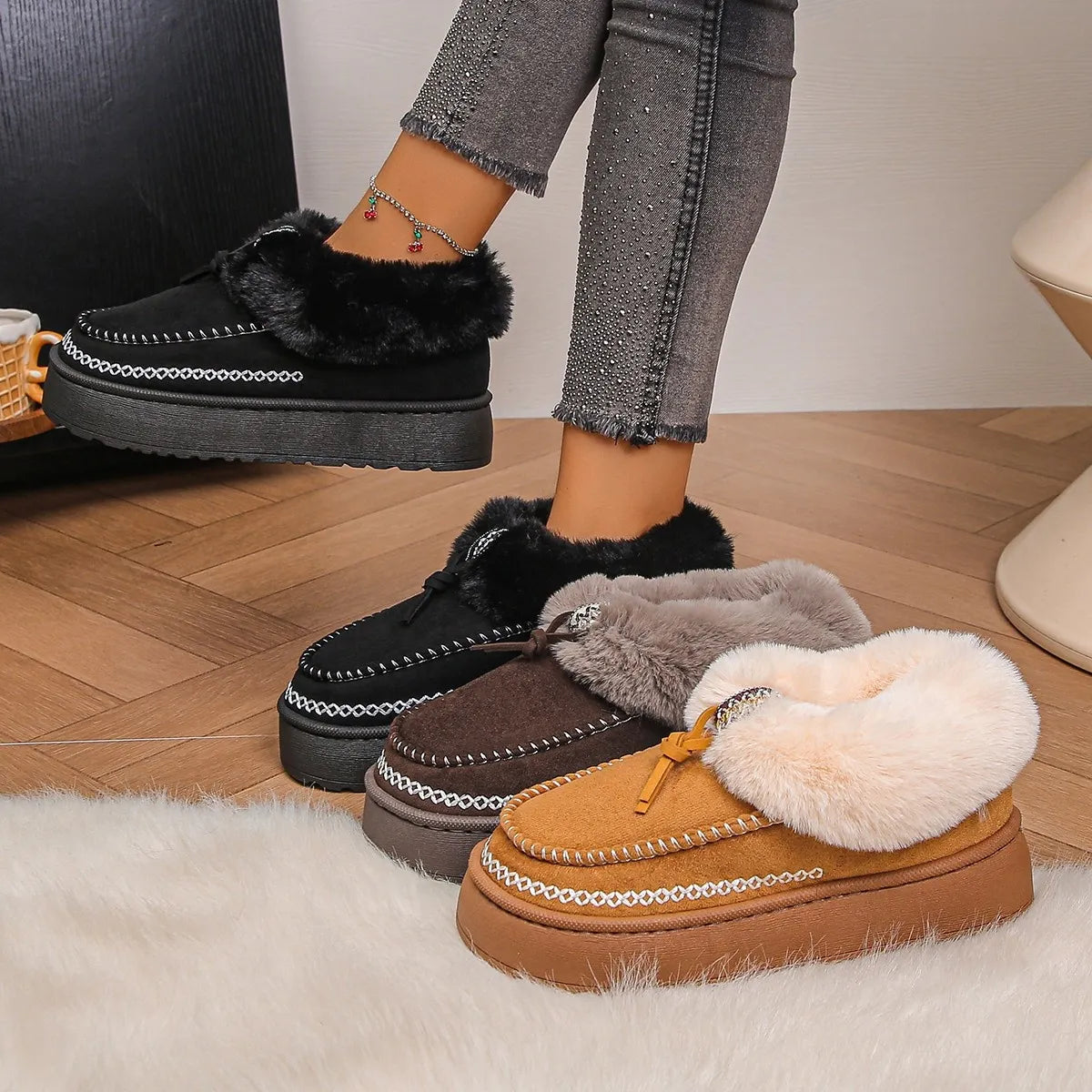 Trendsi women's fur lined winter boots in black brown and tan with platform sole and faux fur cuff