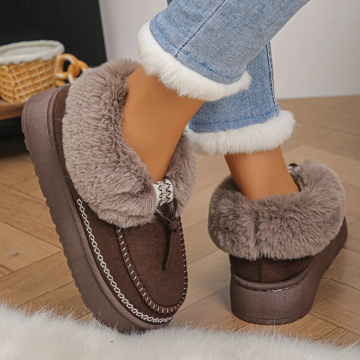 Trendsi women's fur lined winter boots taupe suede slip on with plush cuff and non slip sole