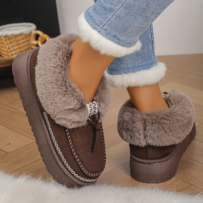Trendsi women's fur lined winter boots taupe suede slip on with plush cuff and non slip sole
