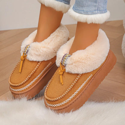 Trendsi women's fur lined winter boots tan suede moccasin slippers with plush cream cuff and platform sole