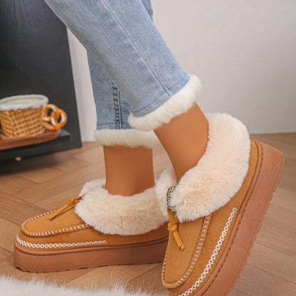 Trendsi tan moccasin slip on with plush white fur cuff and tassel women's fur lined winter boots