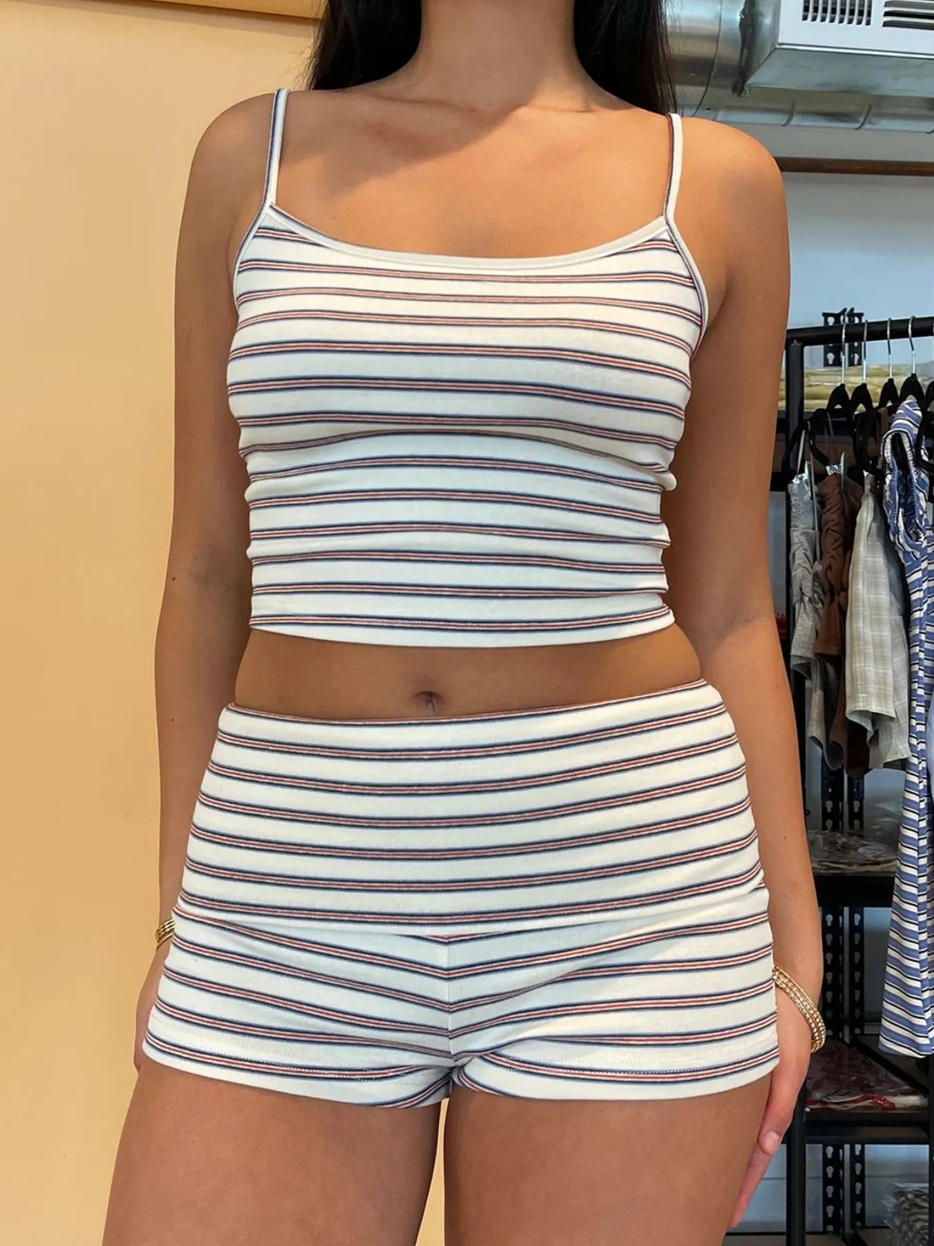 Trendsi Cropped Cami and Shorts set in cream with thin maroon stripes ribbed knit spaghetti strap lounge set