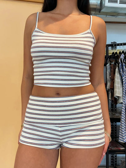 Trendsi Cropped Cami and Shorts set in cream with thin maroon stripes ribbed knit spaghetti strap lounge set