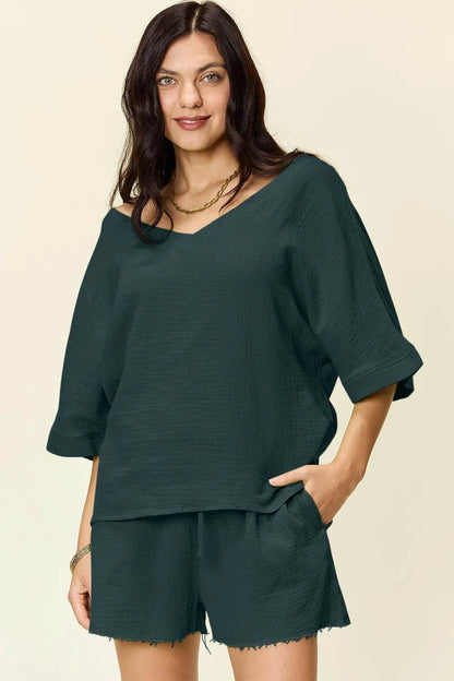 Textured Shorts and T-Shirt Set for Women - Mustard Two-Piece Outfit - Fashions Envy