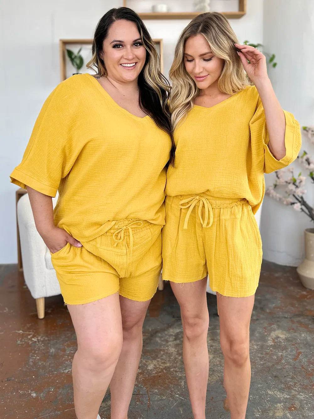 Textured Shorts and T-Shirt Set for Women - Mustard Two-Piece Outfit - Fashions Envy