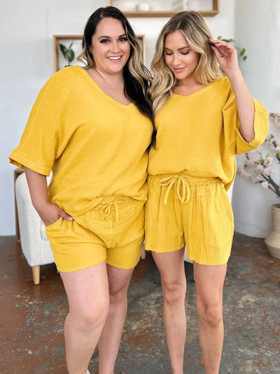Textured Shorts and T-Shirt Set for Women - Mustard Two-Piece Outfit - Fashions Envy