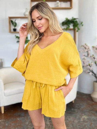 Textured Shorts and T-Shirt Set for Women - Mustard Two-Piece Outfit - Fashions Envy