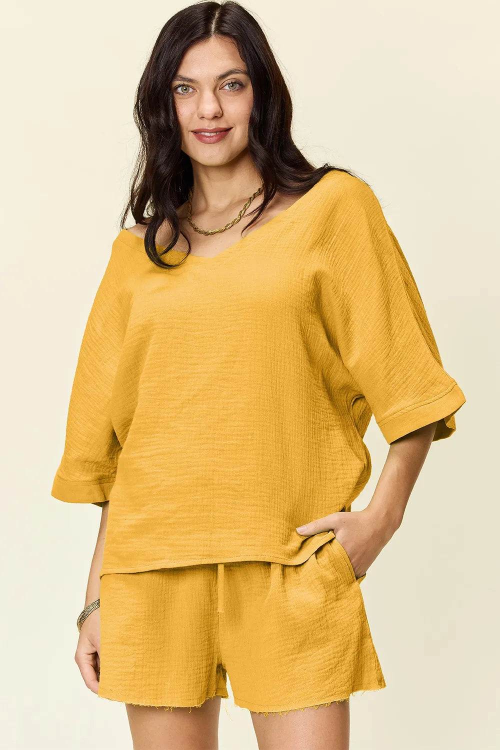 Textured Shorts and T-Shirt Set for Women - Mustard Two-Piece Outfit - Fashions Envy