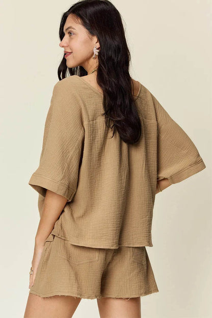 Textured Shorts and T-Shirt Set for Women - Mustard Two-Piece Outfit - Fashions Envy
