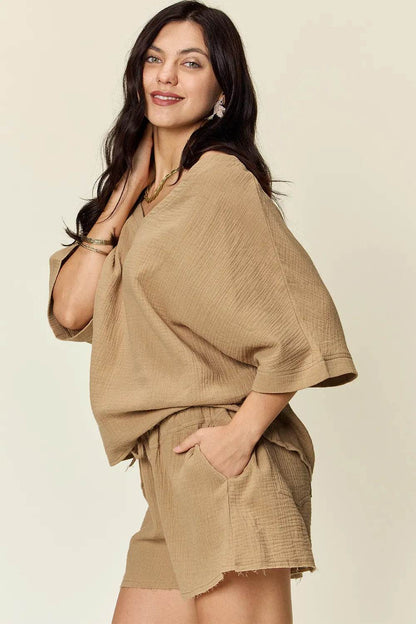 Textured Shorts and T-Shirt Set for Women - Mustard Two-Piece Outfit - Fashions Envy