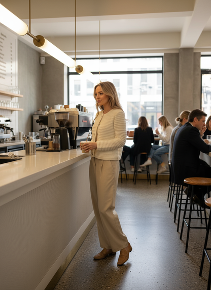 Cream button-down cardigan lifestyle image - cafe scene