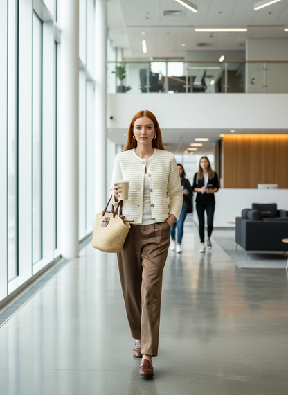 Cream button-down cardigan redhead lifestyle image