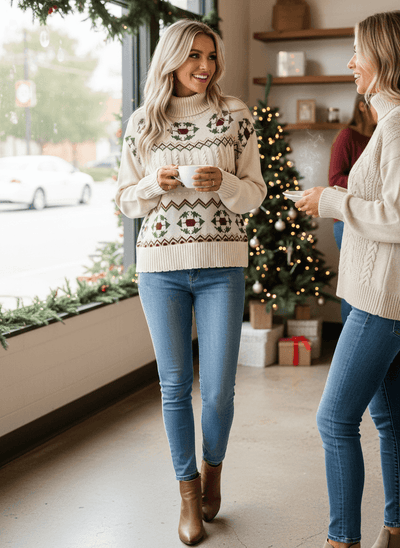 Cable Knit Turtleneck Sweater - Fair Isle Holiday Style - Fashions Envy
