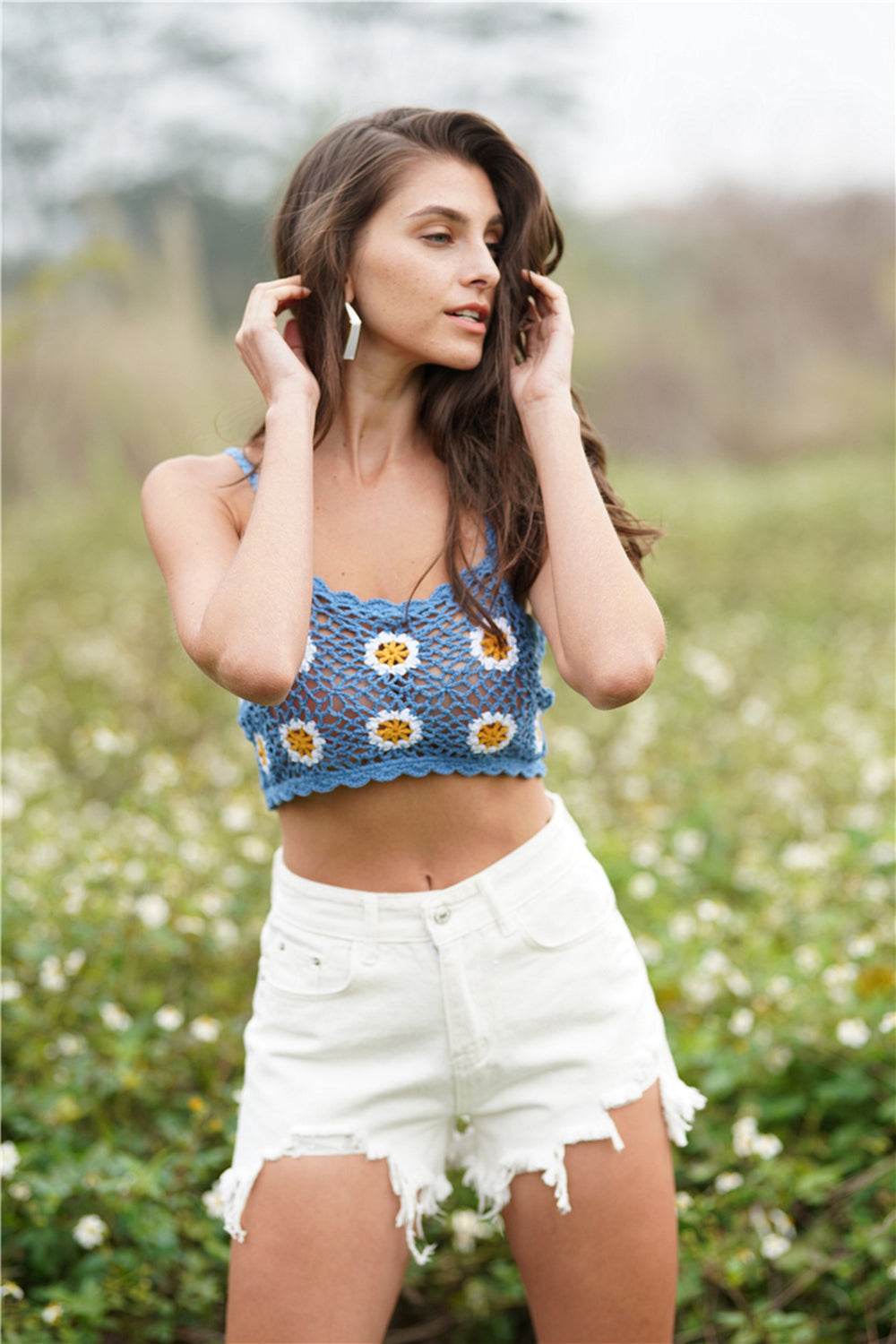 Trendsi Crochet Cropped Cami in Blue with Floral Design, Perfect for Summer Outfits