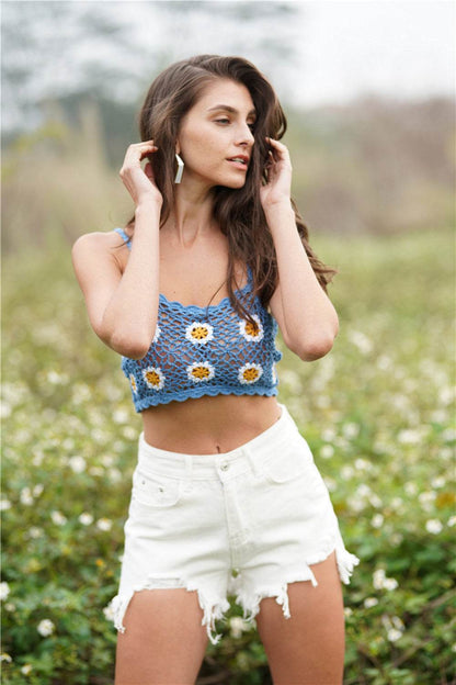 Trendsi Crochet Cropped Cami in Blue with Floral Design, Perfect for Summer Outfits