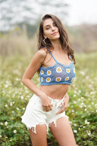 Trendsi Crochet Cropped Cami in Blue with Floral Design Worn with White Distressed Shorts
