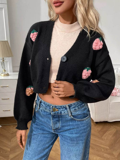 Cropped Button-Up Cardigan in black with pink fruit designs, perfect for stylish layering