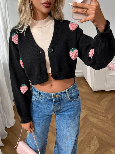 Trendsi Cropped Button-Up Cardigan in Black with Pink Fruit Embroidery for a Stylish Layering Option