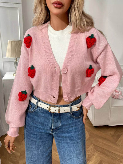 Trendsi Cropped Button-Up Cardigan in Pink with Embroidered Strawberry Details