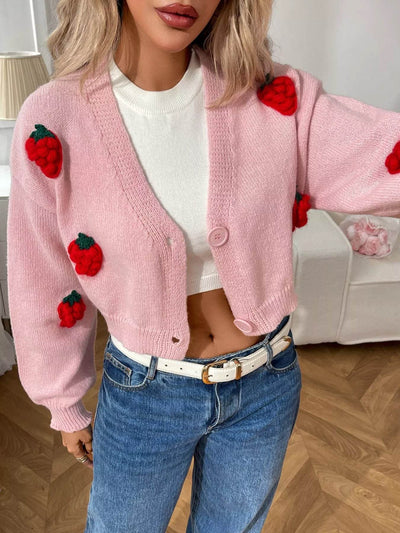 Trendsi Cropped Button-Up Cardigan in Pink with Embroidered Strawberry Details for a Trendy Look