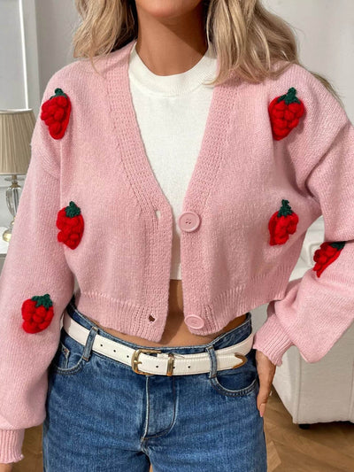 Trendsi Cropped Button-Up Cardigan in Pink with Floral Embroidery for Stylish Outfits