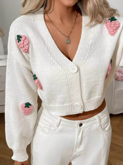 White Cropped Button-Up Cardigan with Pink Strawberry Embroidery for a Chic and Trendy Look