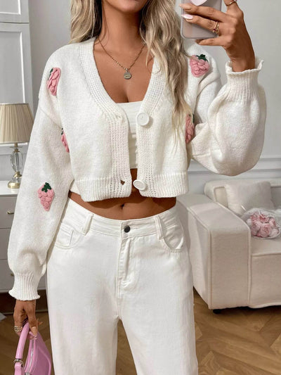 Trendsi Cropped Button-Up Cardigan with Floral Embroidery for a Stylish Casual Look