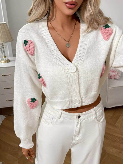 Trendsi Cropped Button-Up Cardigan in White with Pink Strawberry Embroidery and Stylish V-Neck Design