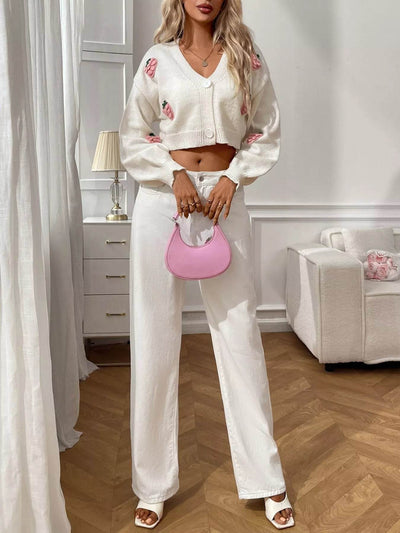 Trendsi Cropped Button-Up Cardigan in soft white with floral embroidery for stylish layering