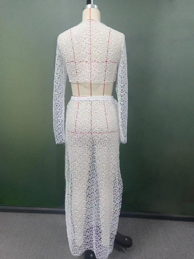 Trendsi white lace cropped long sleeve bikini cover up displayed on mannequin from back