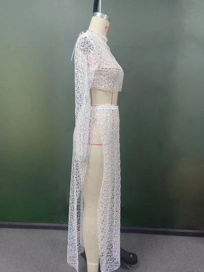 Trendsi white crochet cropped long sleeve bikini cover up displayed on mannequin side view