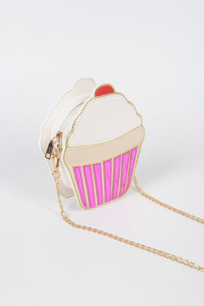 Cupcake shaped white and pink novelty Clutch Handbag with gold chain strap ideal for parties and gifts