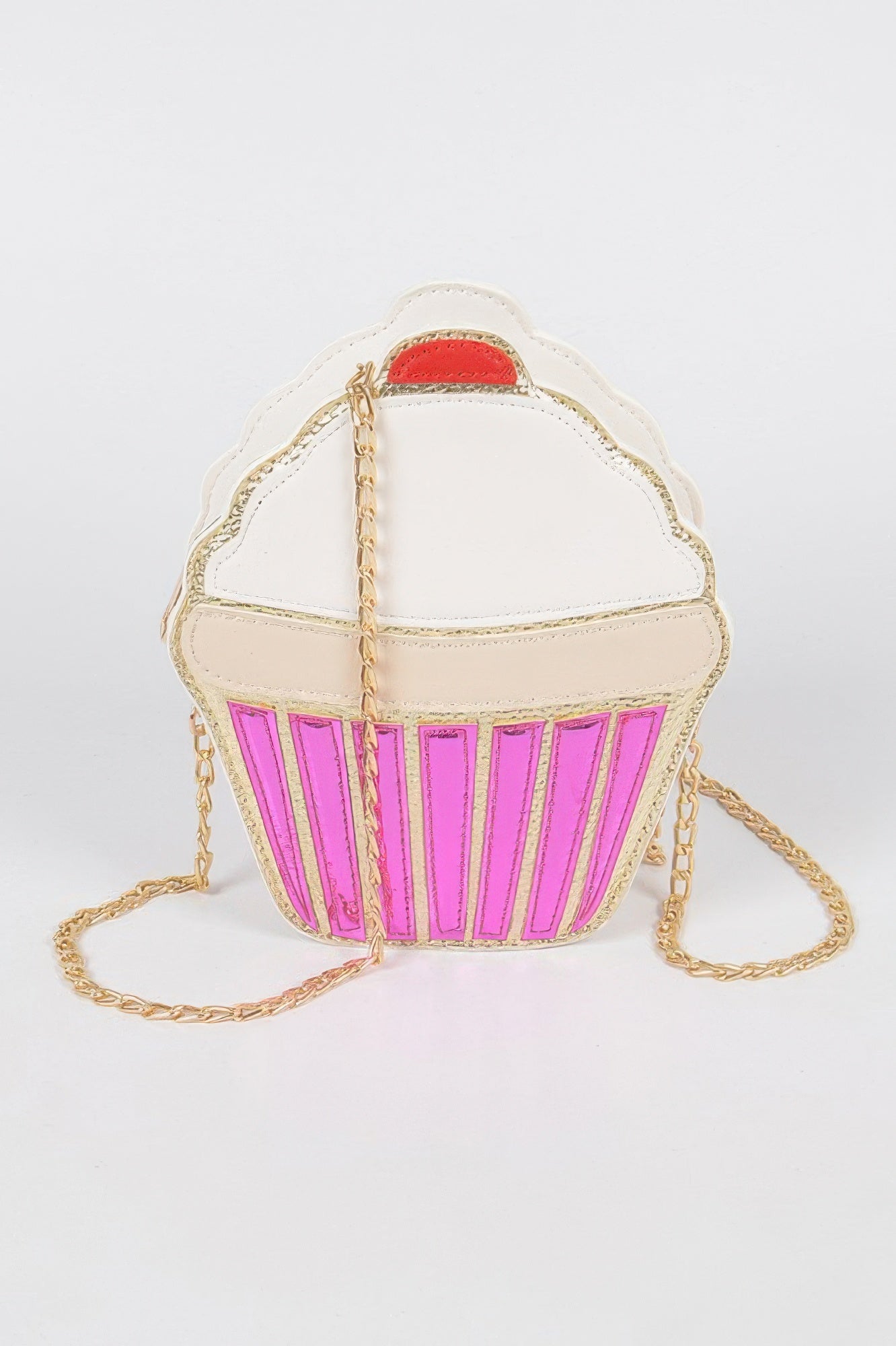 Clutch Handbag cupcake shaped crossbody purse in pink and cream with gold chain strap for parties