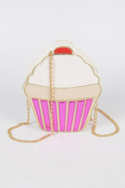 Clutch Handbag cupcake shaped crossbody purse in pink and cream with gold chain strap for parties