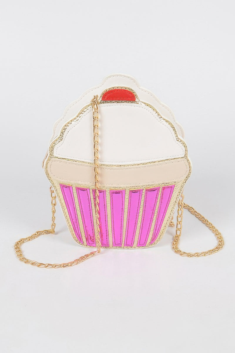 Clutch Handbag cupcake shaped crossbody purse in pink and cream with gold chain strap for parties