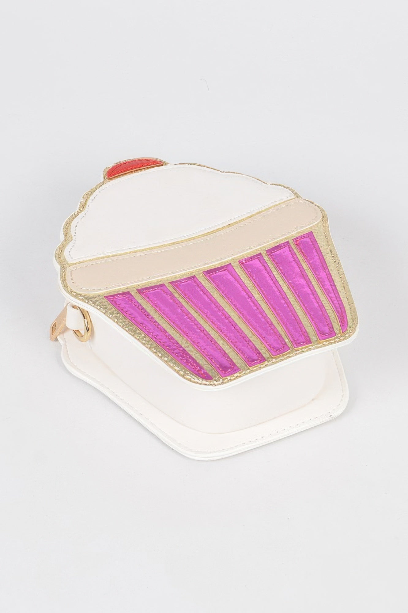 White and pink cupcake shaped Clutch Handbag with gold trim cherry accent novelty accessory