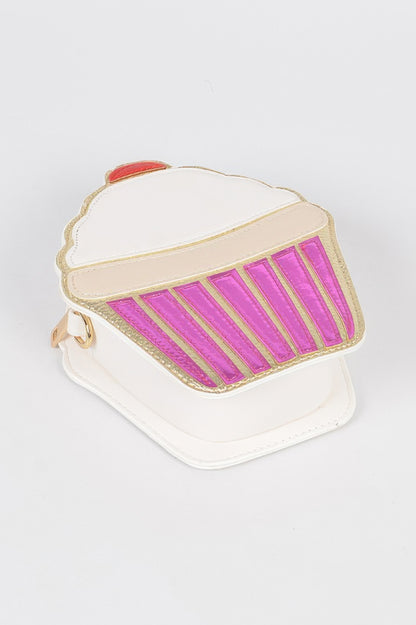 White and pink cupcake shaped Clutch Handbag with gold trim cherry accent novelty accessory