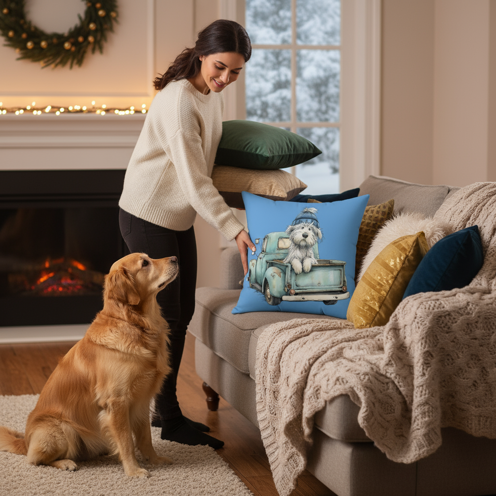 Cute Puppy Winter Pillow Truck Design Lifestyle Image