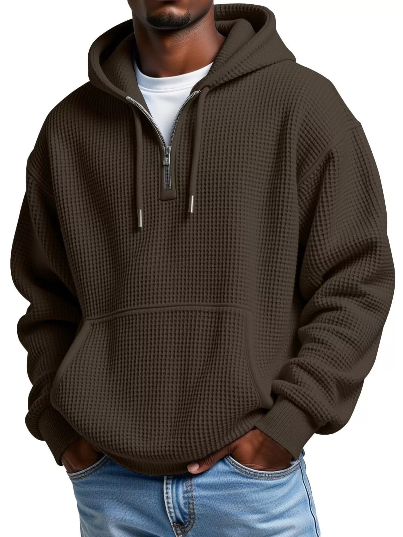 Waffle Knit Half-Zip Hoodie Men - Textured Cotton Blend - Fashions Envy