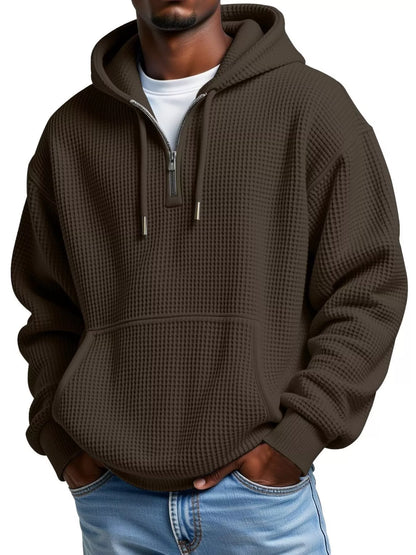 Waffle Knit Half-Zip Hoodie Men - Textured Cotton Blend - Fashions Envy