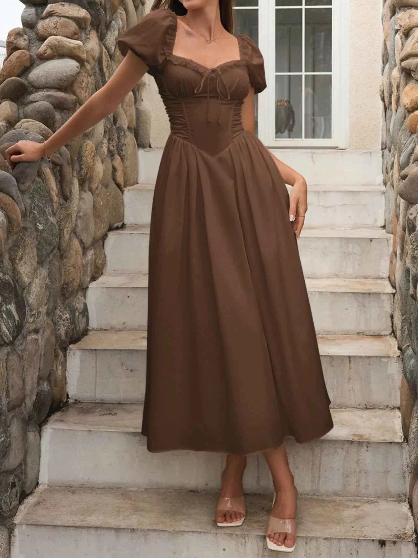 Sweetheart Neck Puff Sleeve Midi Dress