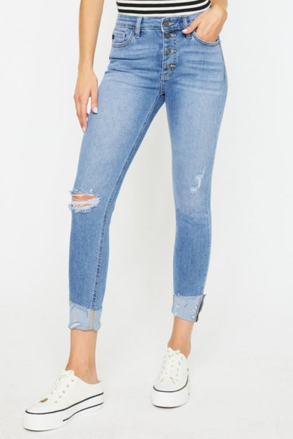 Light Blue Distressed Cat's Whiskers Button Fly Kancan Denim Jeans