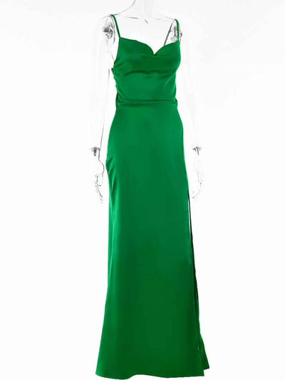 Spaghetti Strap Maxi Dress - Ruched Split Leg Gown