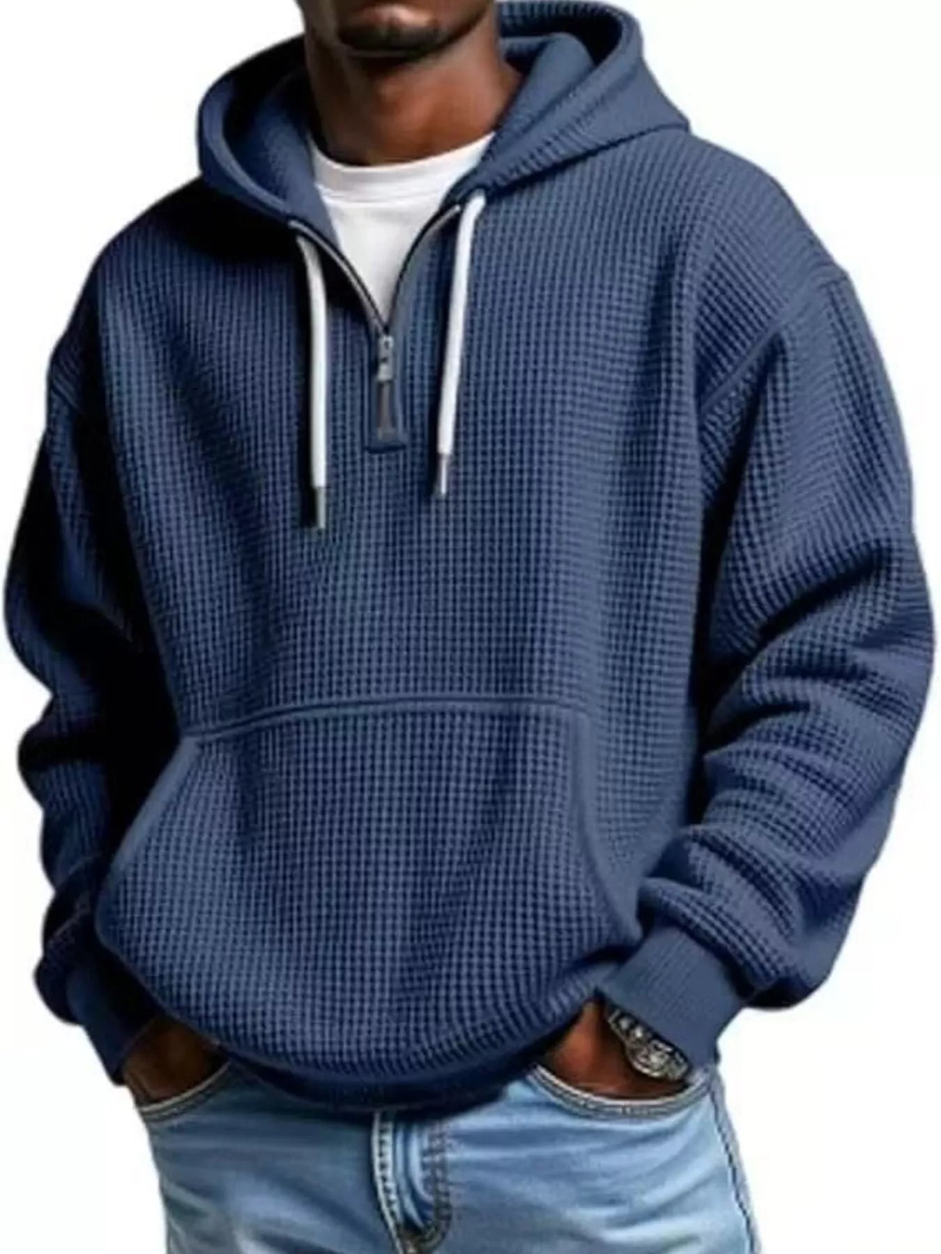 Waffle Knit Half-Zip Hoodie Men - Textured Cotton Blend - Fashions Envy