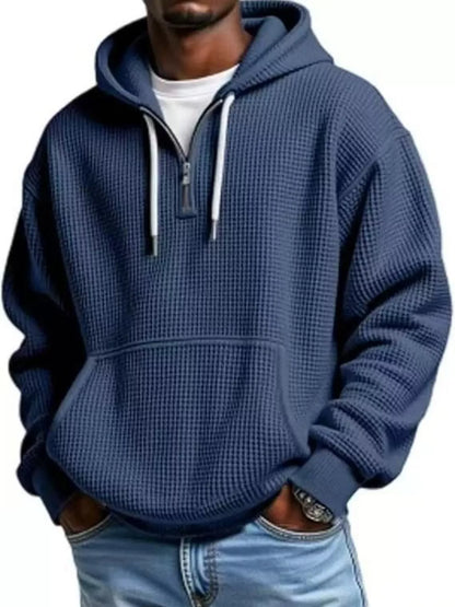 Waffle Knit Half-Zip Hoodie Men - Textured Cotton Blend - Fashions Envy