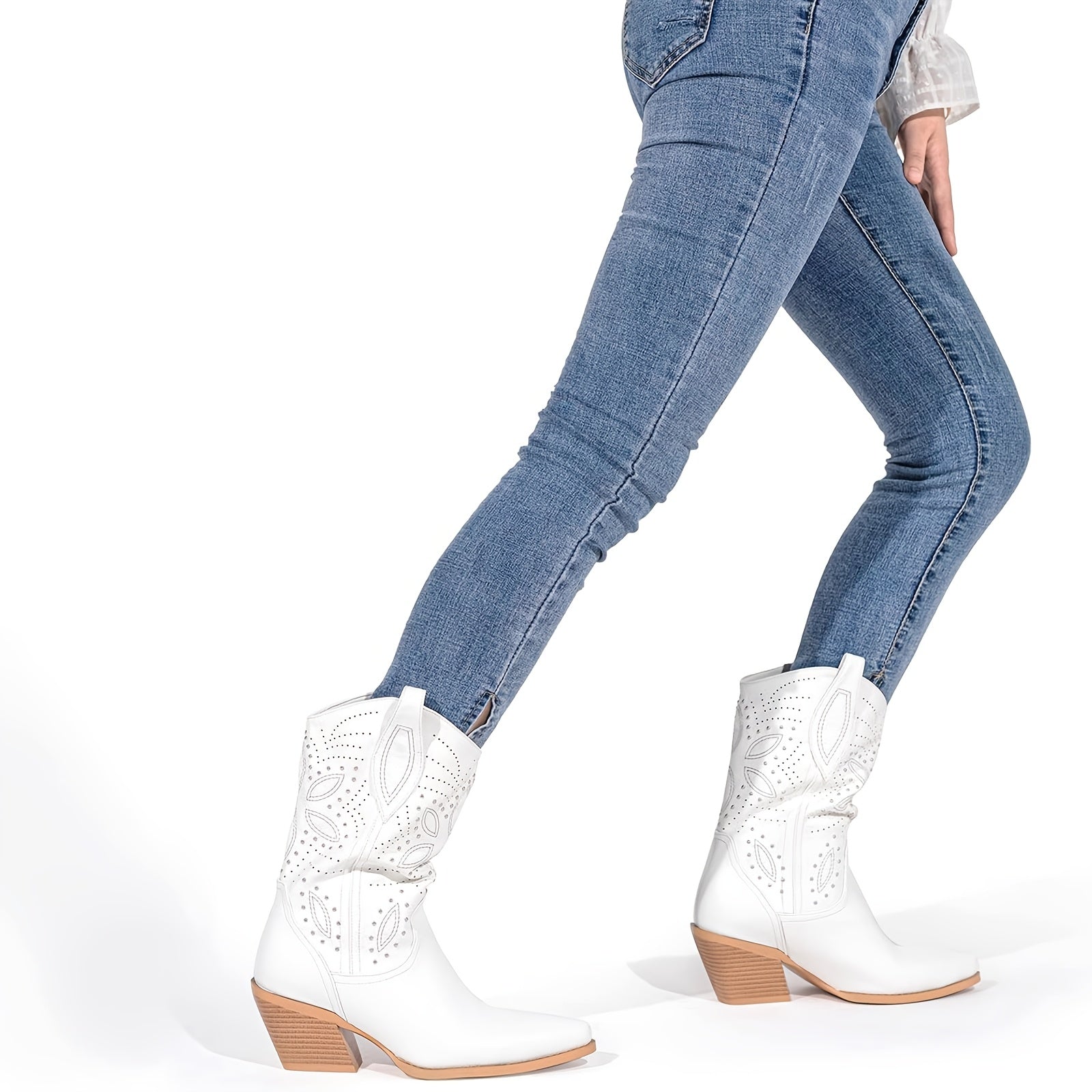 Slip-On Mid-Calf Western Cowgirl Boots with Embroidery & Studded Rivets