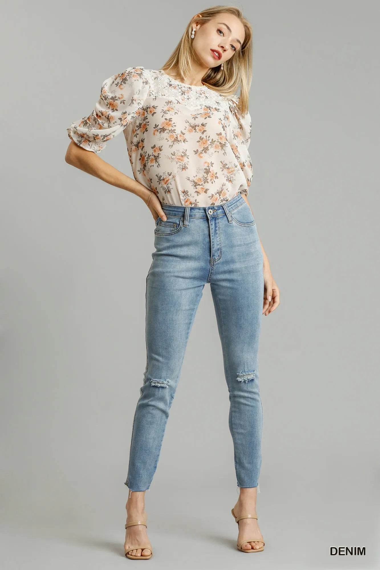 Umgee 5-Pockets Distressed Detail Stretch Denim Skinny Jeans with Unfinished Hem - Fashions Envy