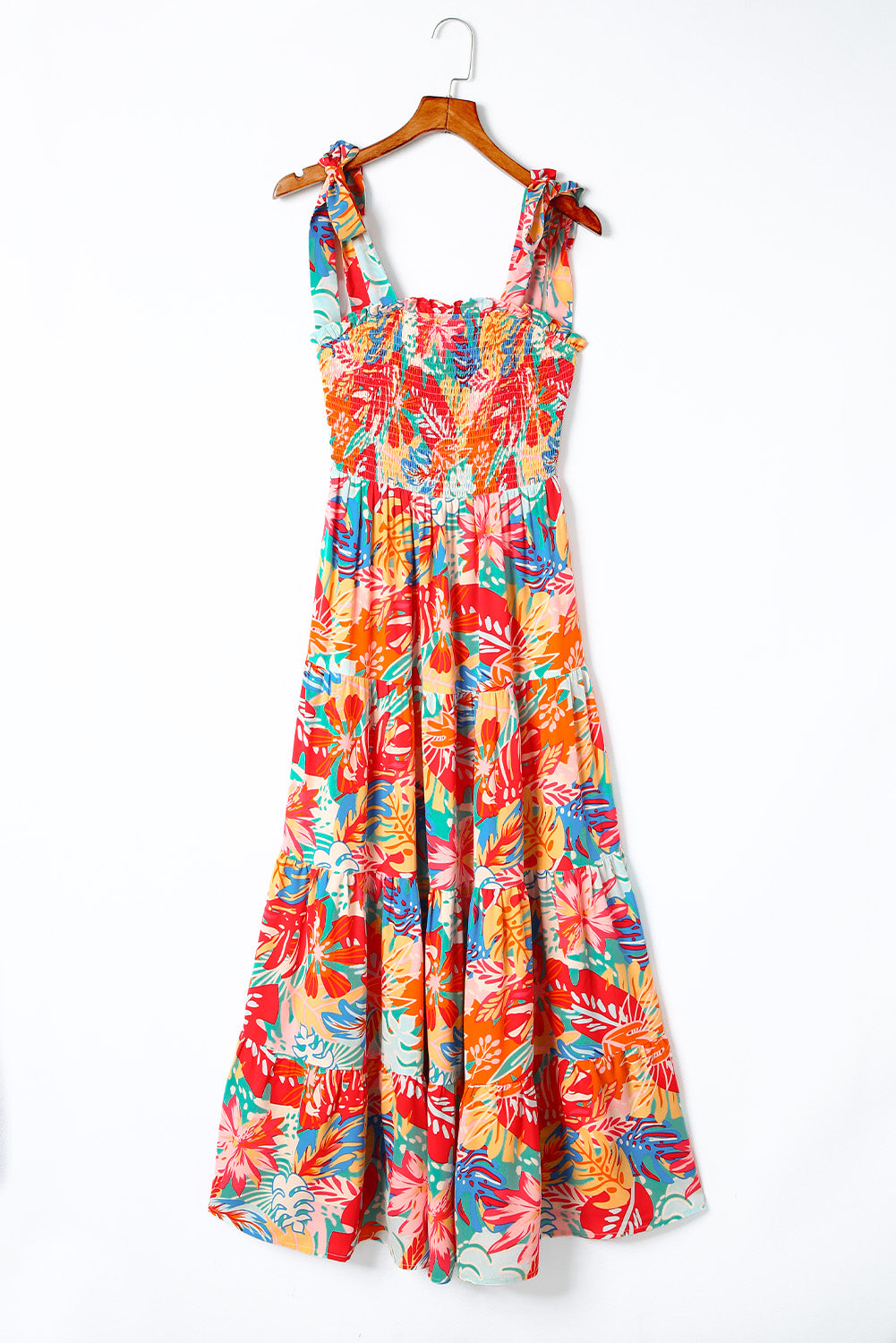 Smocked Ruffle Tiered Maxi Dress - Vibrant Tropical Print
