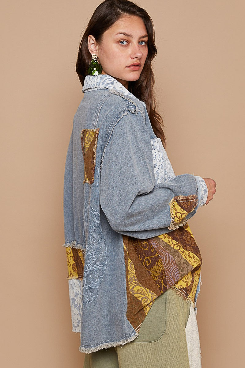 Denim Multi Raw Hem Twill Contrast Button Up Shacket